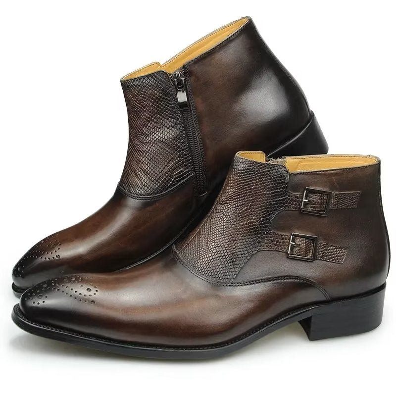 Botas Masculinas Elegantes Com Estampa Couro E Zíper - Café