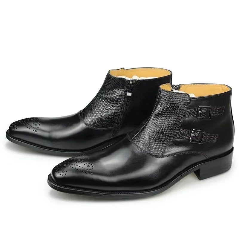 Botas Masculinas Elegantes Com Estampa Couro E Zíper - Preto