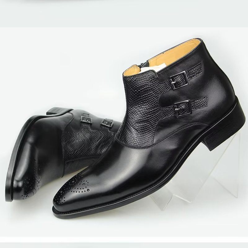 Botas Masculinas Elegantes Com Estampa Couro E Zíper - Preto