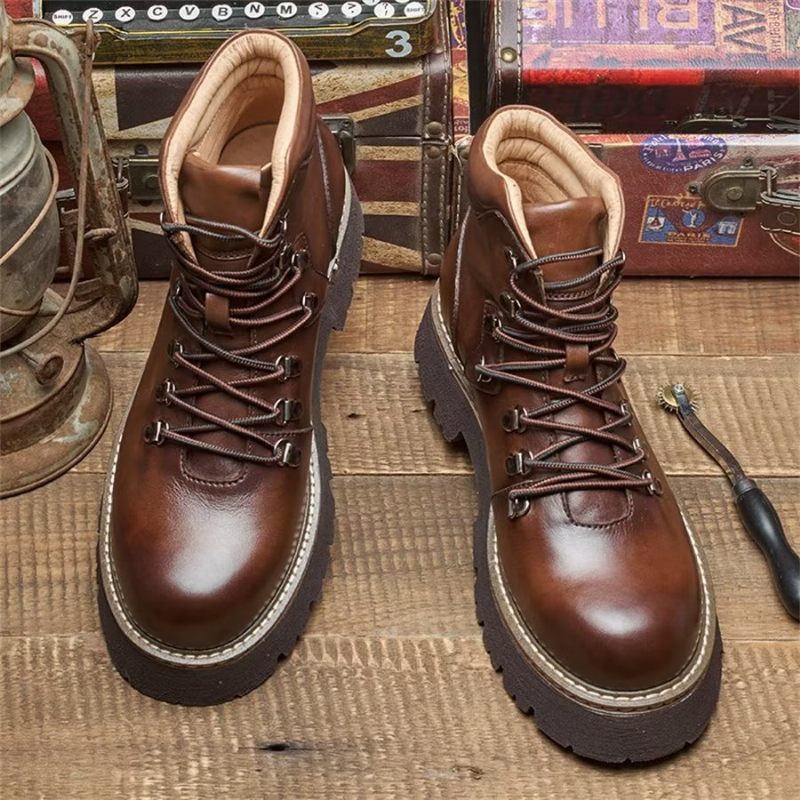 Botas Masculinas Elegantes Couro Bovino Com Cadarço Clássico - Café