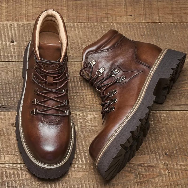 Botas Masculinas Elegantes Couro Bovino Com Cadarço Clássico - Café