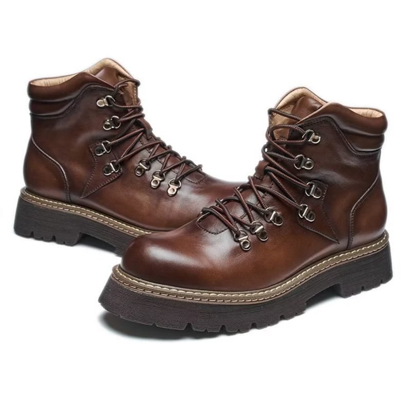 Botas Masculinas Elegantes Couro Bovino Com Cadarço Clássico - Café