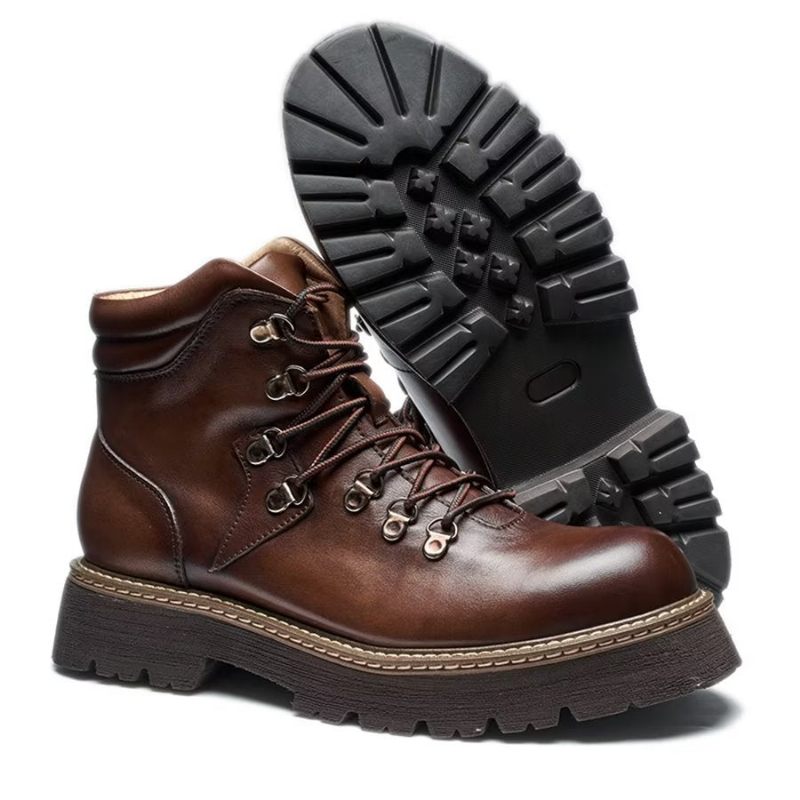 Botas Masculinas Elegantes Couro Bovino Com Cadarço Clássico - Café