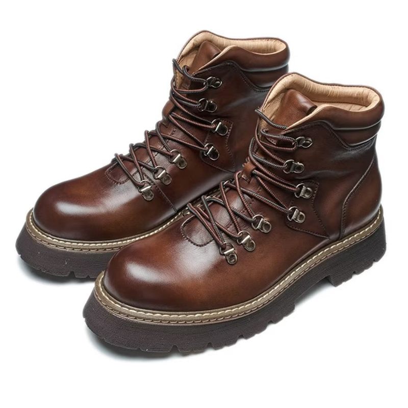 Botas Masculinas Elegantes Couro Bovino Com Cadarço Clássico - Café