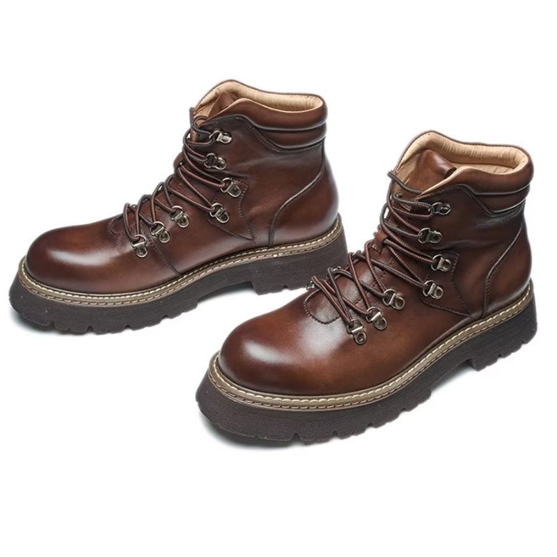 Botas Masculinas Elegantes Couro Bovino Com Cadarço Clássico - Café