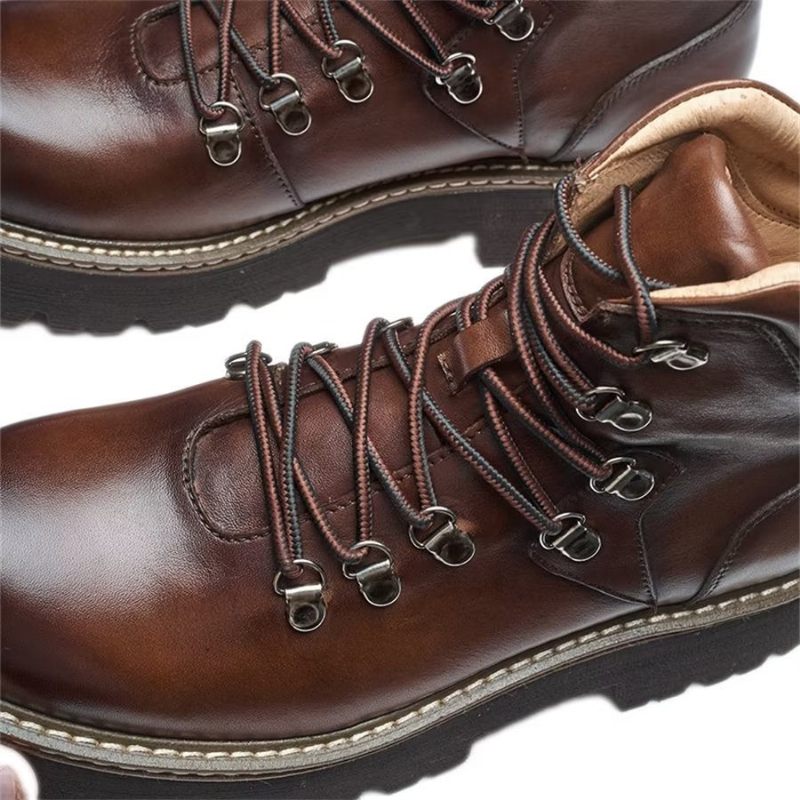 Botas Masculinas Elegantes Couro Bovino Com Cadarço Clássico - Café