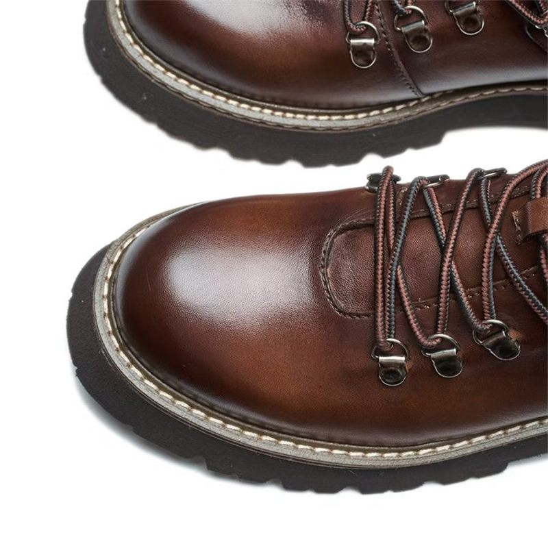 Botas Masculinas Elegantes Couro Bovino Com Cadarço Clássico - Café