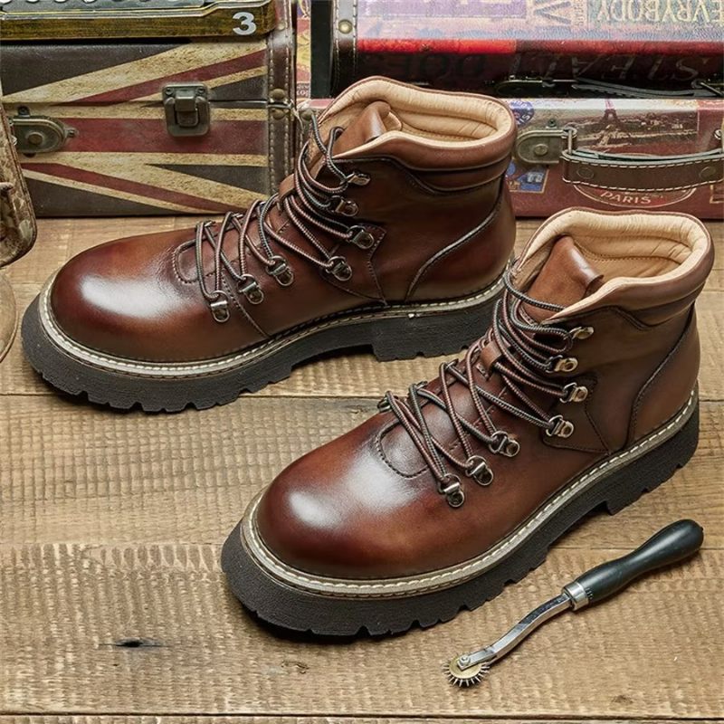 Botas Masculinas Elegantes Couro Bovino Com Cadarço Clássico - Café