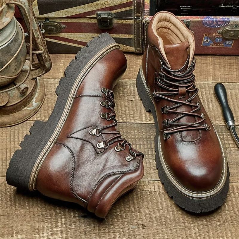 Botas Masculinas Elegantes Couro Bovino Com Cadarço Clássico - Café