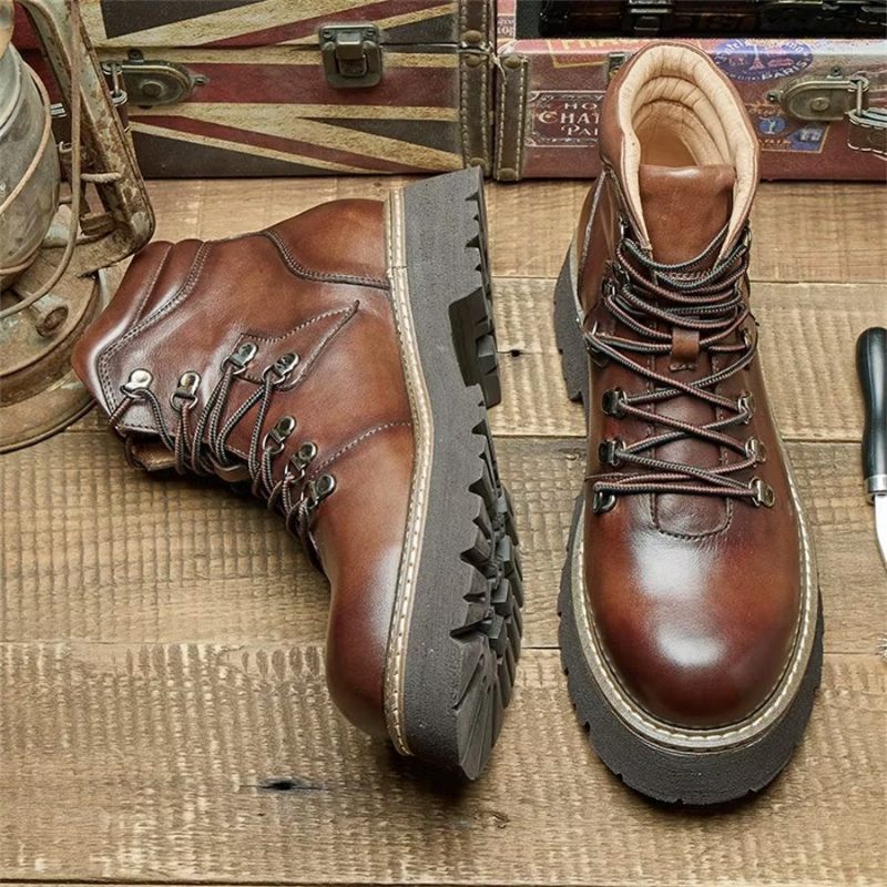 Botas Masculinas Elegantes Couro Bovino Com Cadarço Clássico - Café