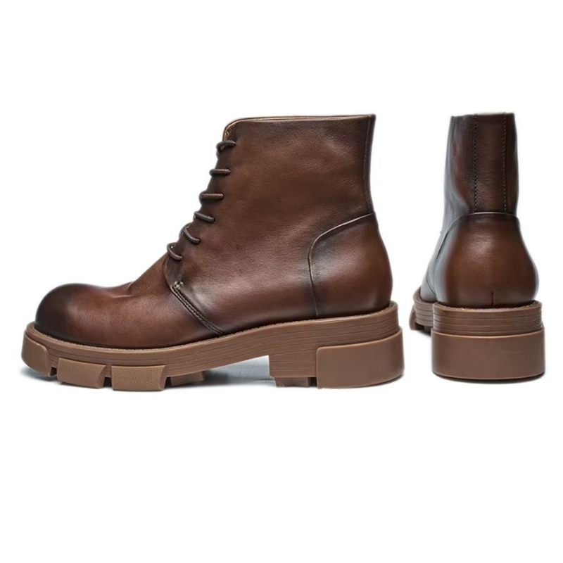 Botas Masculinas Elegantes Couro Bovino Com Cadarço E Salto Alto - Café