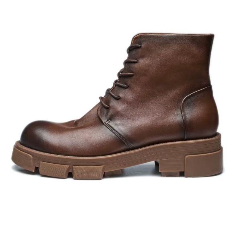 Botas Masculinas Elegantes Couro Bovino Com Cadarço E Salto Alto - Café