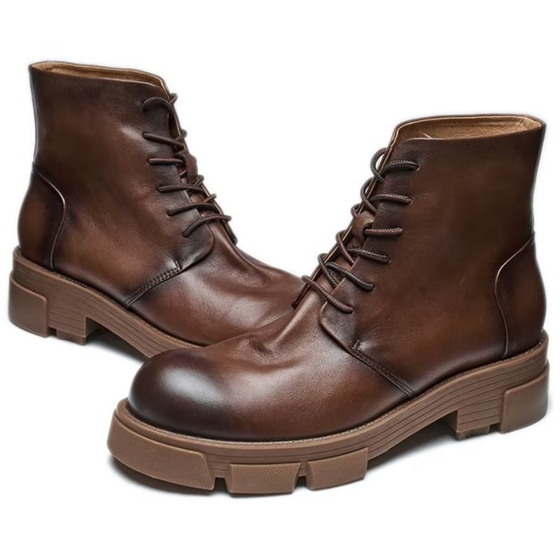 Botas Masculinas Elegantes Couro Bovino Com Cadarço E Salto Alto - Café