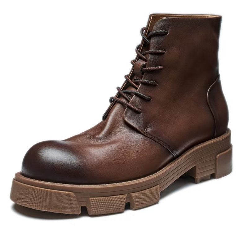 Botas Masculinas Elegantes Couro Bovino Com Cadarço E Salto Alto - Café