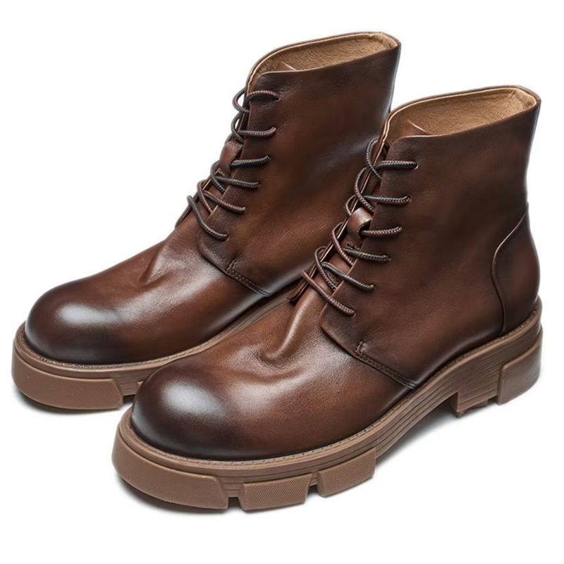 Botas Masculinas Elegantes Couro Bovino Com Cadarço E Salto Alto - Café