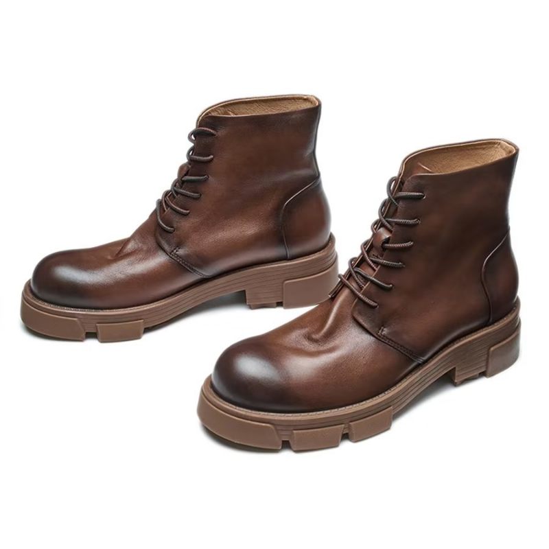 Botas Masculinas Elegantes Couro Bovino Com Cadarço E Salto Alto - Café