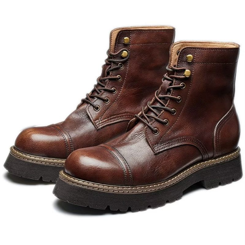 Botas Masculinas Elegantes Couro Bovino Com Cadarço Em Dois Tons - Café