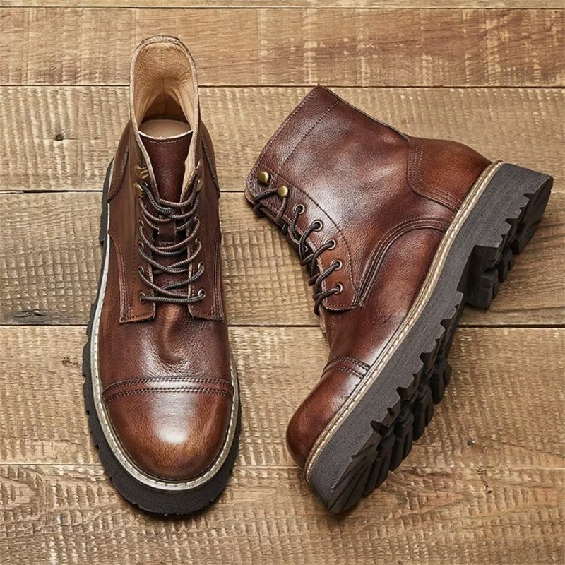 Botas Masculinas Elegantes Couro Bovino Com Cadarço Em Dois Tons - Café