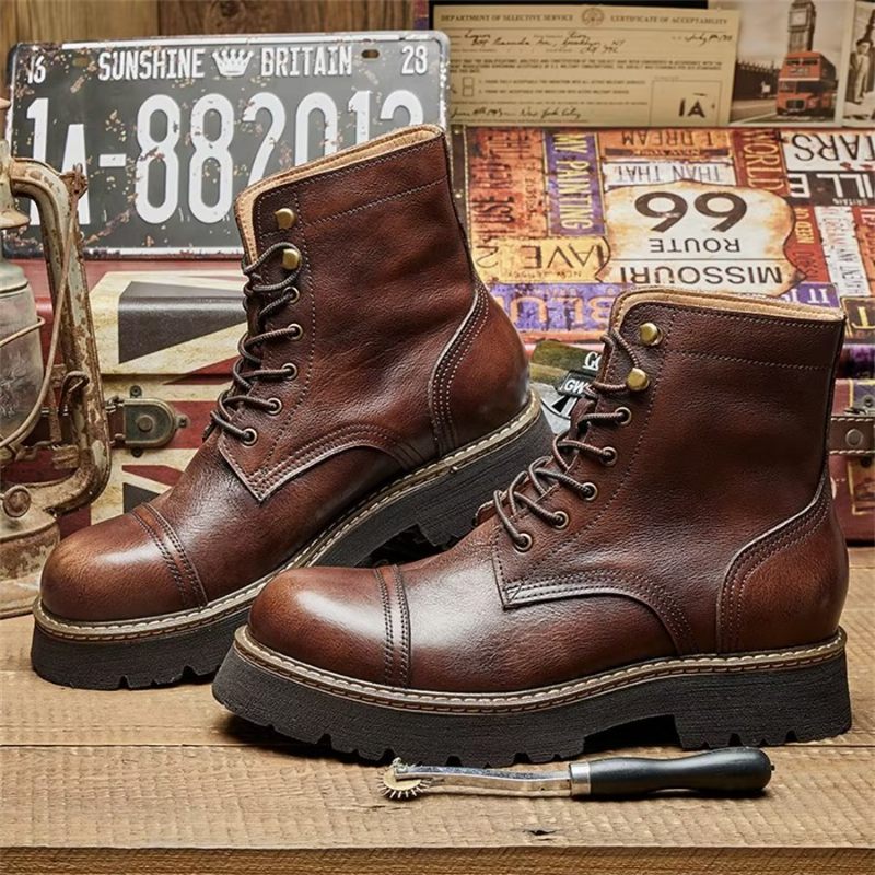 Botas Masculinas Elegantes Couro Bovino Com Cadarço Em Dois Tons - Café