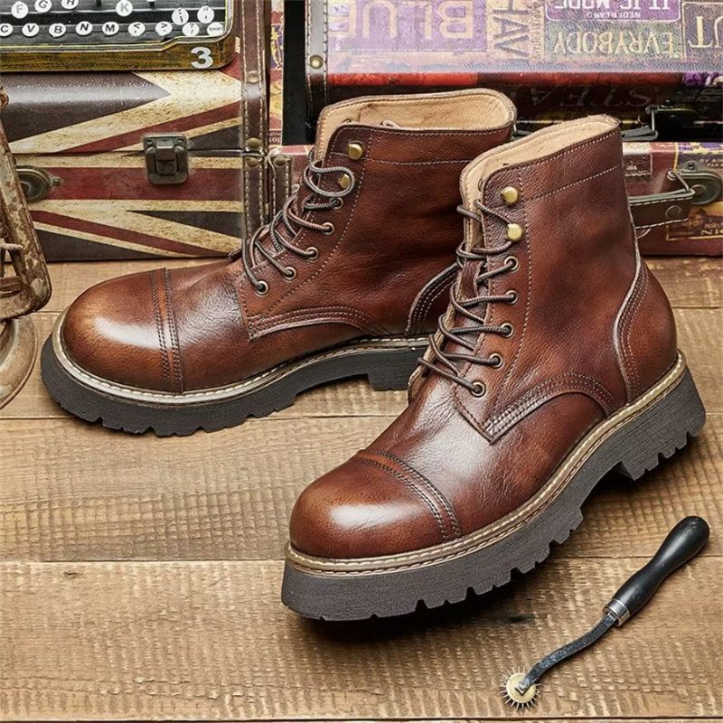 Botas Masculinas Elegantes Couro Bovino Com Cadarço Em Dois Tons - Café