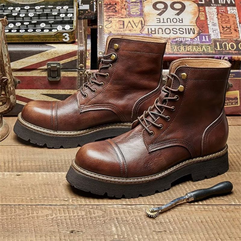 Botas Masculinas Elegantes Couro Bovino Com Cadarço Em Dois Tons - Café