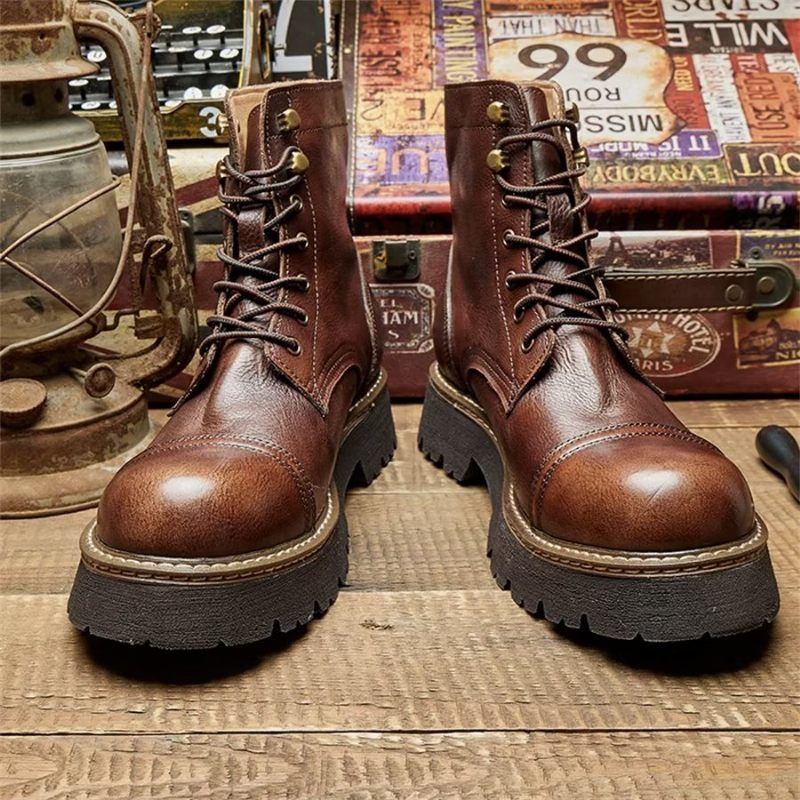 Botas Masculinas Elegantes Couro Bovino Com Cadarço Em Dois Tons - Café