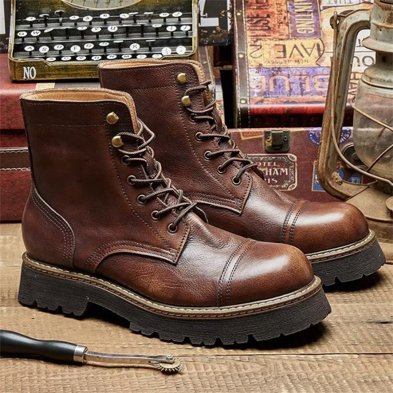 Botas Masculinas Elegantes Couro Bovino Com Cadarço Em Dois Tons - Café