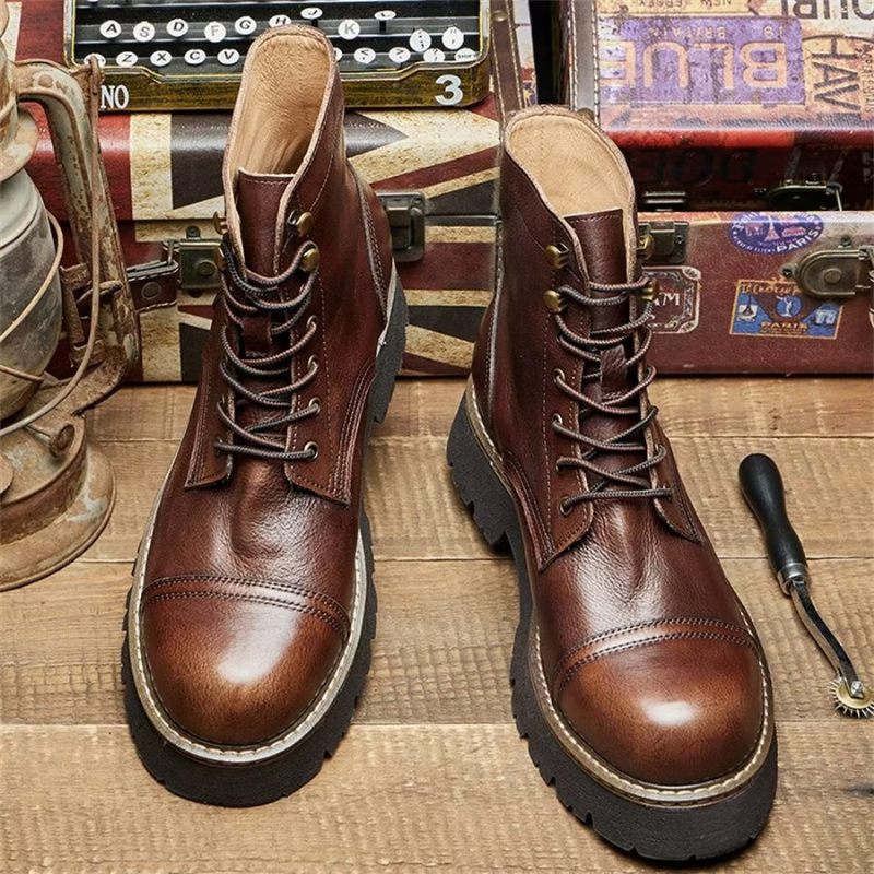 Botas Masculinas Elegantes Couro Bovino Com Cadarço Em Dois Tons - Café