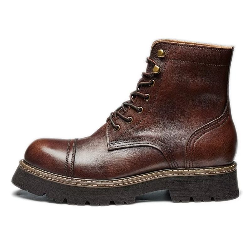 Botas Masculinas Elegantes Couro Bovino Com Cadarço Em Dois Tons - Café