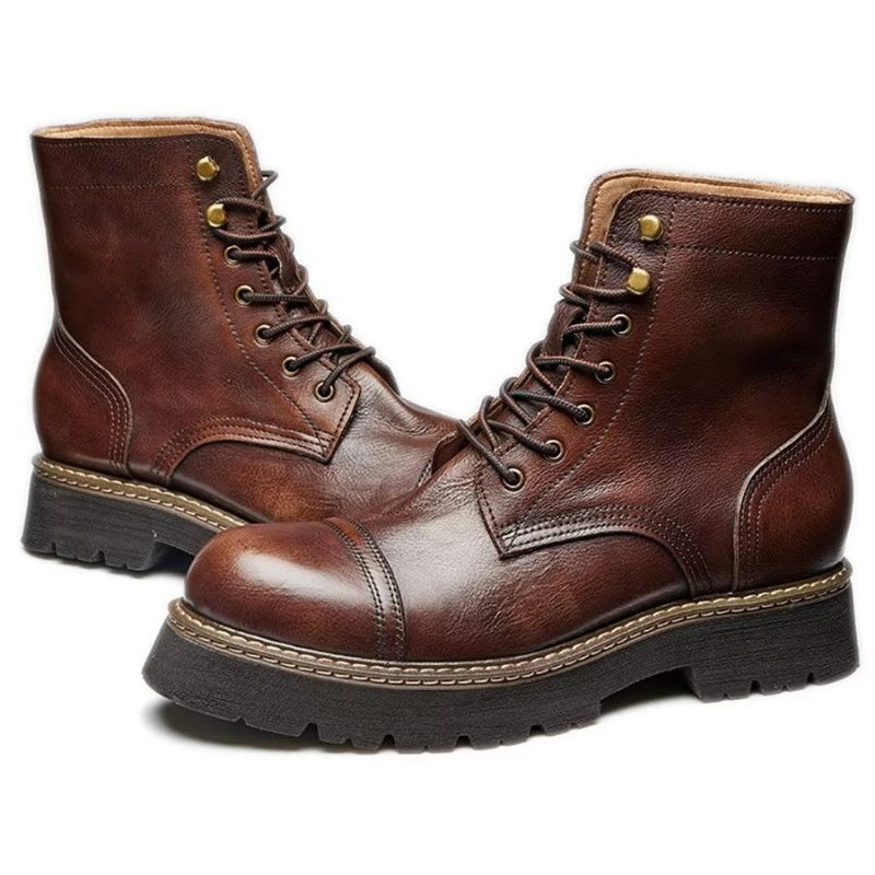 Botas Masculinas Elegantes Couro Bovino Com Cadarço Em Dois Tons - Café