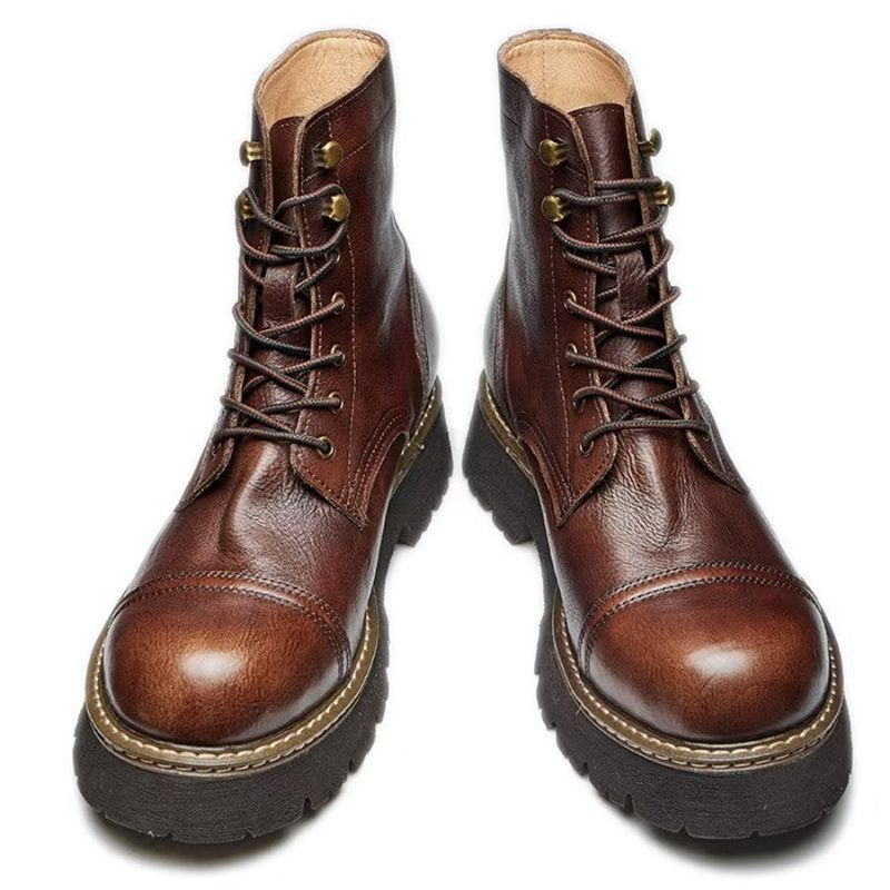 Botas Masculinas Elegantes Couro Bovino Com Cadarço Em Dois Tons - Café