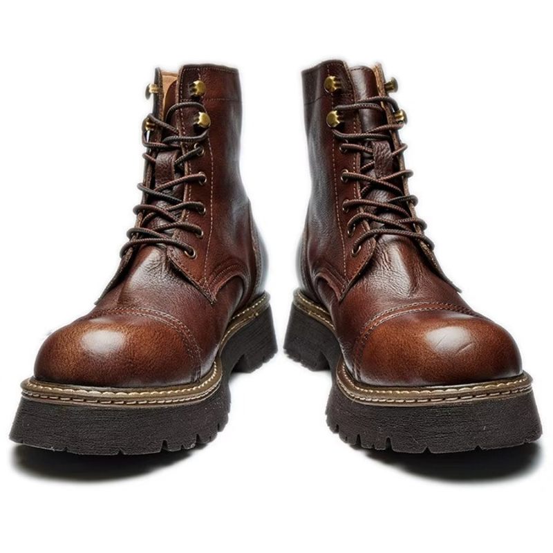 Botas Masculinas Elegantes Couro Bovino Com Cadarço Em Dois Tons - Café