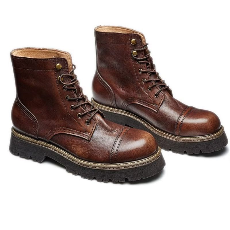 Botas Masculinas Elegantes Couro Bovino Com Cadarço Em Dois Tons - Café