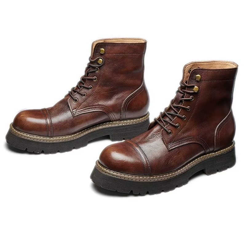 Botas Masculinas Elegantes Couro Bovino Com Cadarço Em Dois Tons - Café