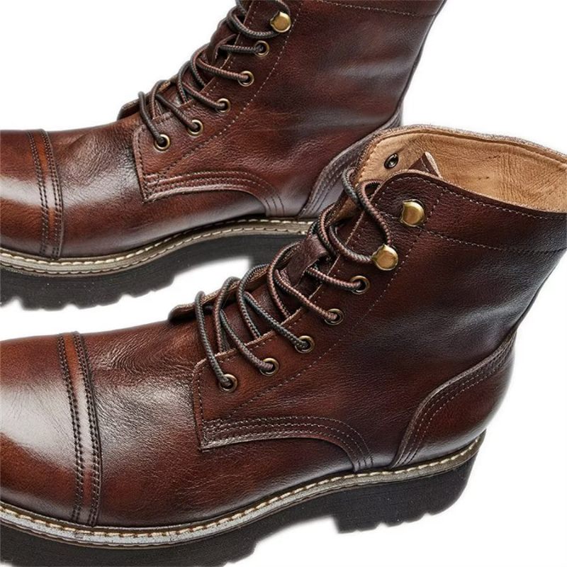 Botas Masculinas Elegantes Couro Bovino Com Cadarço Em Dois Tons - Café