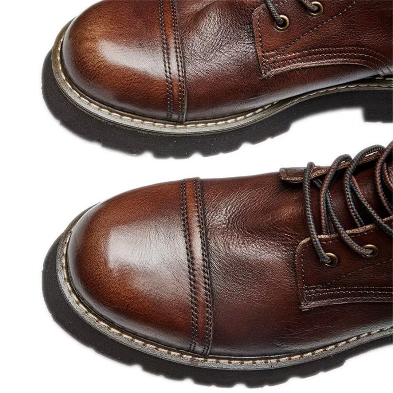 Botas Masculinas Elegantes Couro Bovino Com Cadarço Em Dois Tons - Café