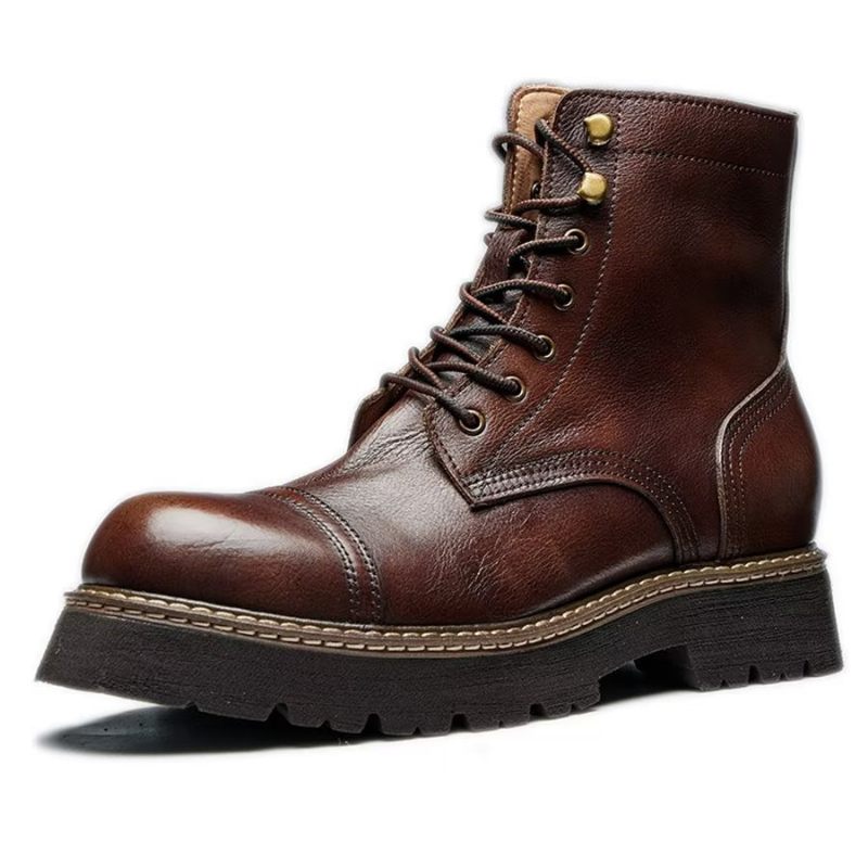 Botas Masculinas Elegantes Couro Bovino Com Cadarço Em Dois Tons - Café