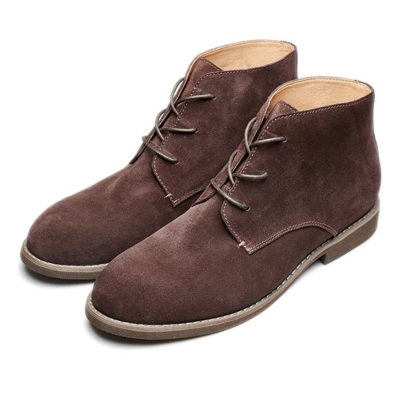 Botas Masculinas Elegantes Couro Bovino Com Cadarço Envernizado - Café