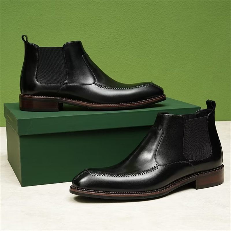 Botas Masculinas Elegantes Couro Com Bico Quadrado Chelsea Ankle Boots - Preto