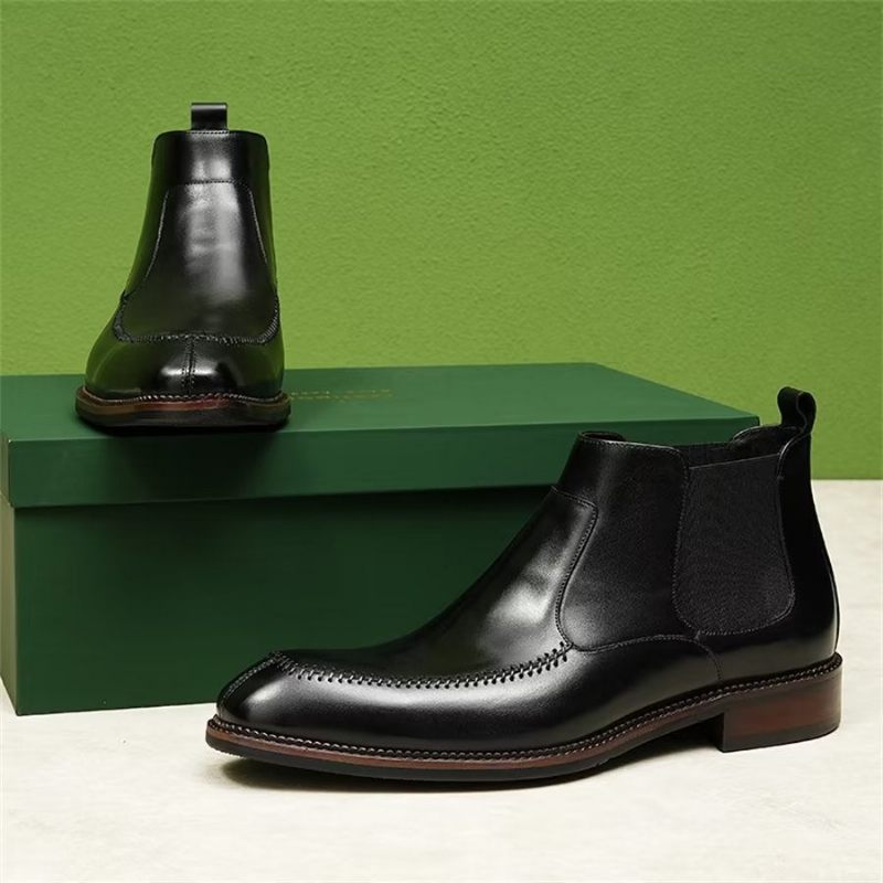 Botas Masculinas Elegantes Couro Com Bico Quadrado Chelsea Ankle Boots - Preto