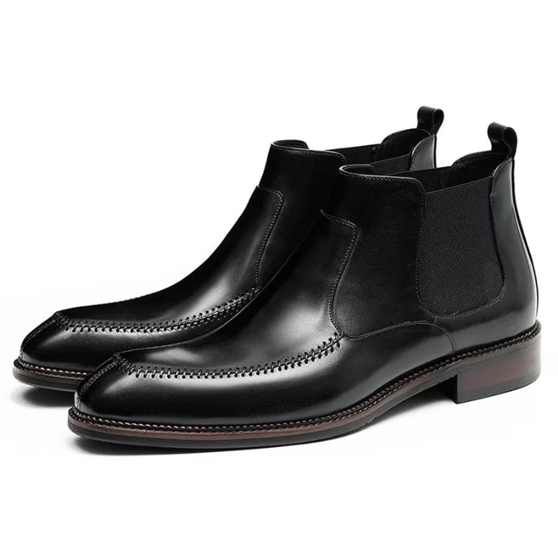 Botas Masculinas Elegantes Couro Com Bico Quadrado Chelsea Ankle Boots - Preto