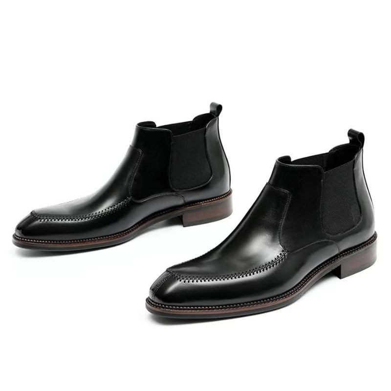 Botas Masculinas Elegantes Couro Com Bico Quadrado Chelsea Ankle Boots - Preto