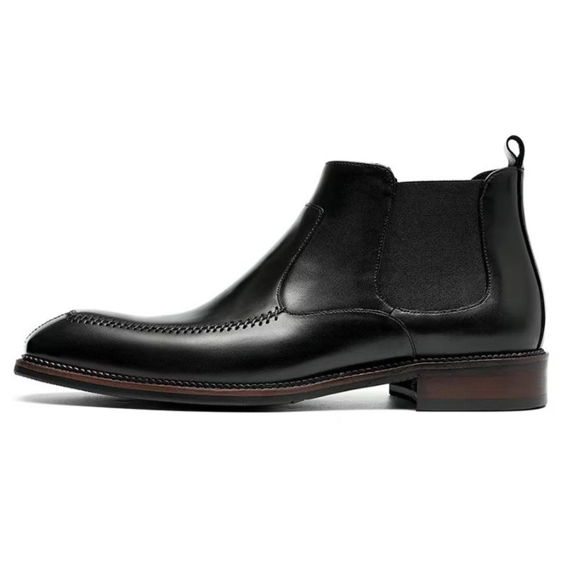 Botas Masculinas Elegantes Couro Com Bico Quadrado Chelsea Ankle Boots - Preto