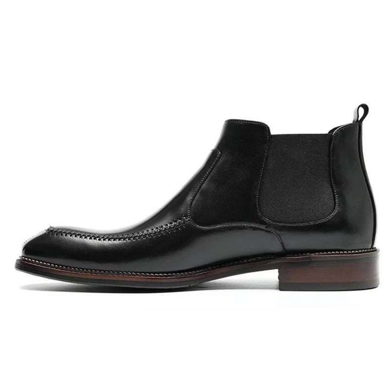 Botas Masculinas Elegantes Couro Com Bico Quadrado Chelsea Ankle Boots - Preto