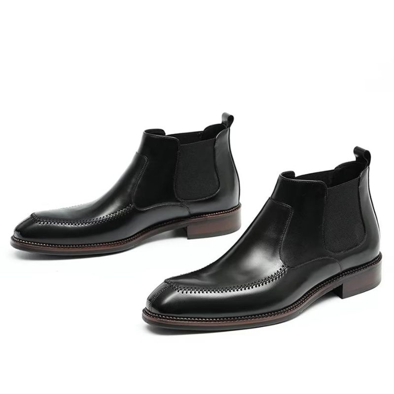 Botas Masculinas Elegantes Couro Com Bico Quadrado Chelsea Ankle Boots - Preto