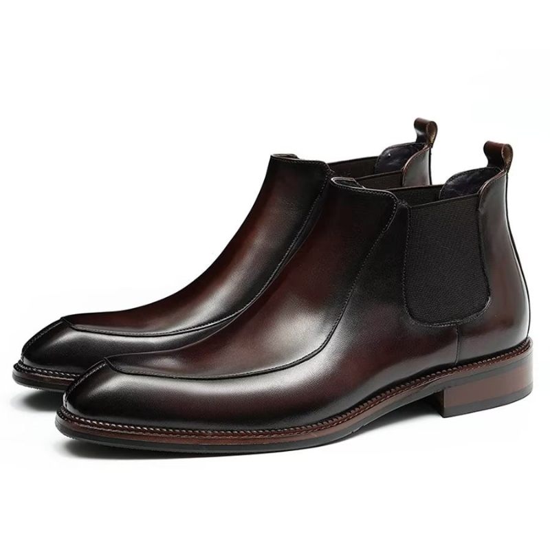 Botas Masculinas Elegantes Couro Com Bico Quadrado Clássico Chelsea Ankle Boots - Borgonha