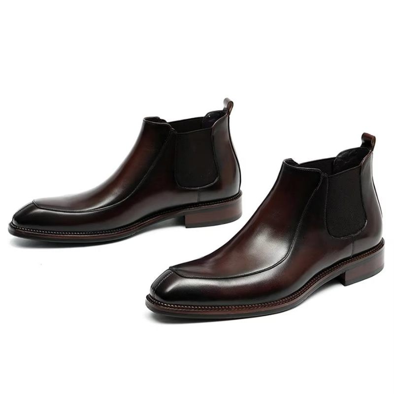 Botas Masculinas Elegantes Couro Com Bico Quadrado Clássico Chelsea Ankle Boots - Borgonha