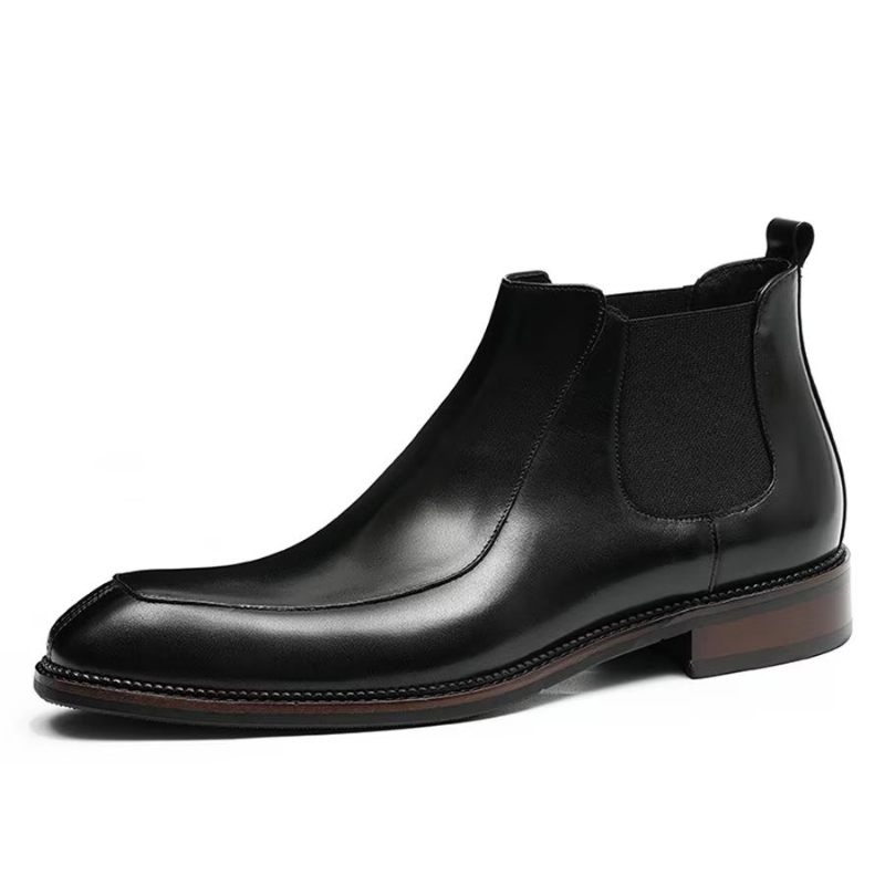 Botas Masculinas Elegantes Couro Com Bico Quadrado Clássico Chelsea Ankle Boots - Preto