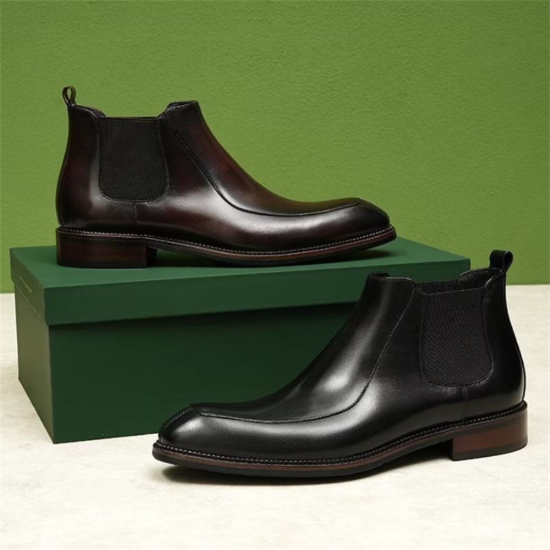 Botas Masculinas Elegantes Couro Com Bico Quadrado Clássico Chelsea Ankle Boots - Preto