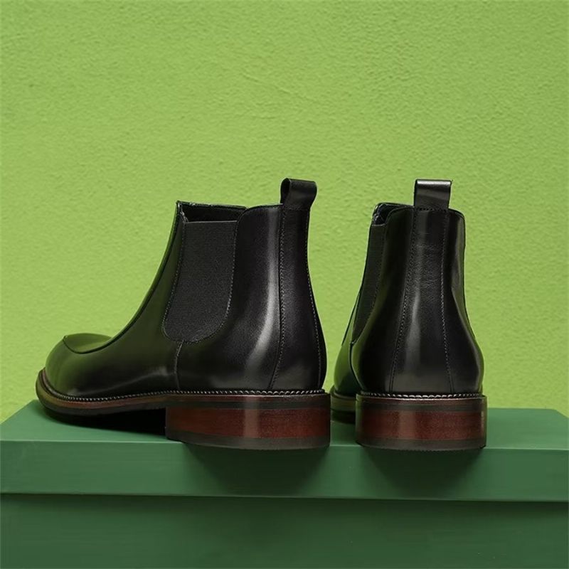 Botas Masculinas Elegantes Couro Com Bico Quadrado Clássico Chelsea Ankle Boots - Preto